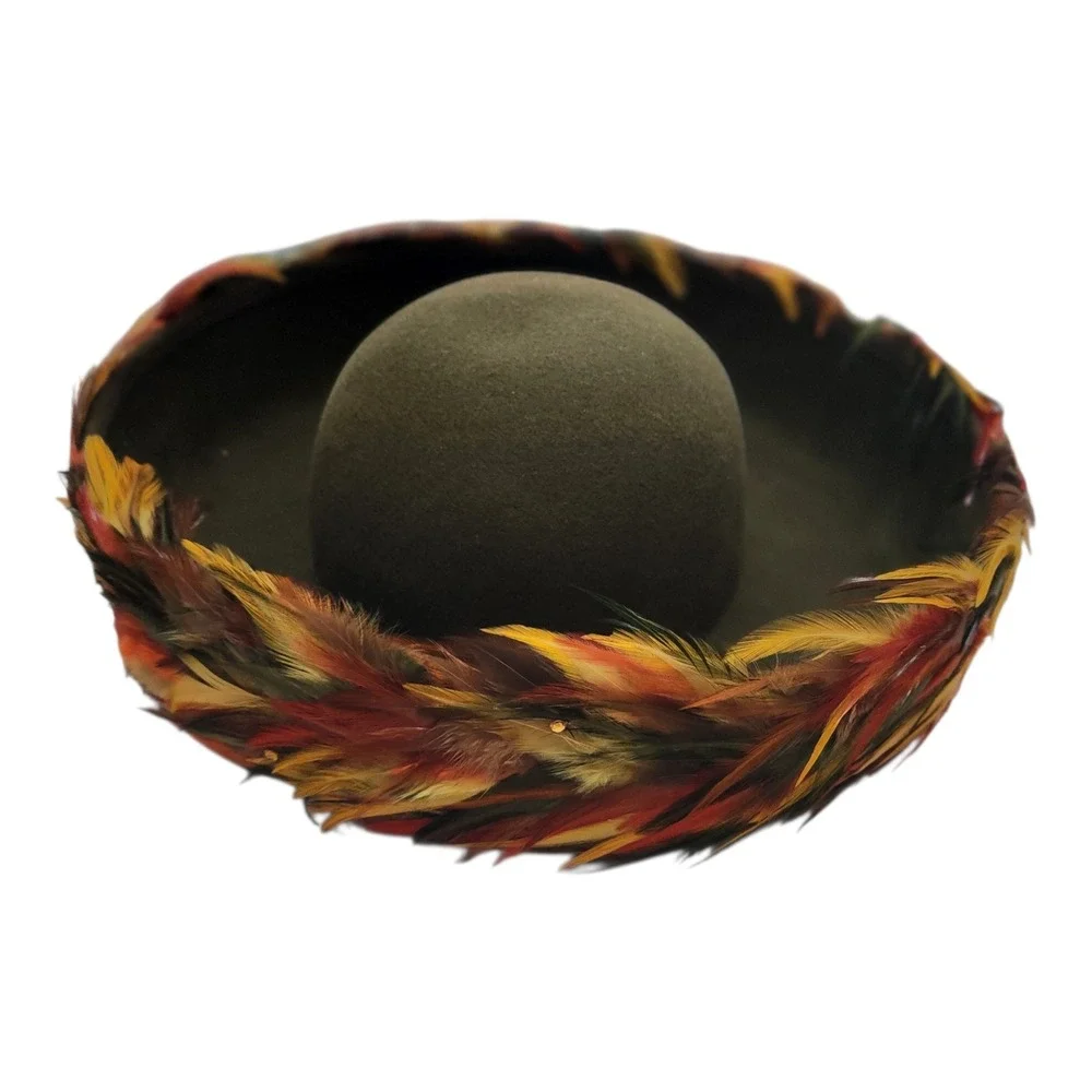 Vintage Mr John Classic Olive Green Wool Felt Feather Trim Pillbox Hat New‎ York